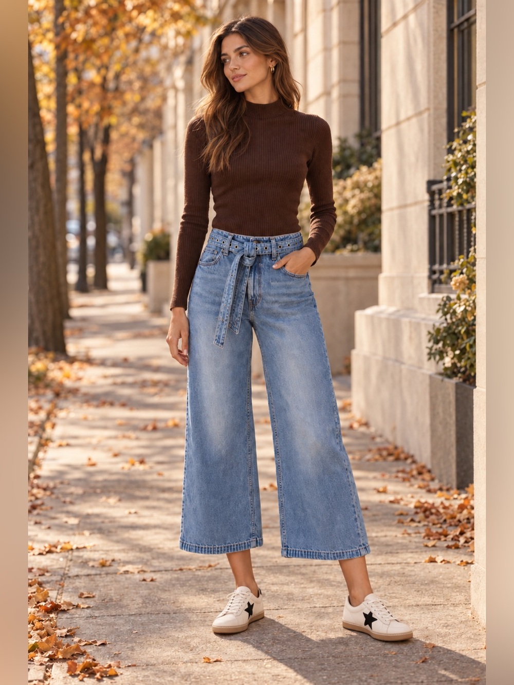 FRYE Light Blue Belted Wide-Leg Denim Trousers